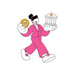 © Monstar Studio - A businesswoman in a pink suit holds a bank building in one hand and a coin with a bank symbol in the other, illustrating banking and financial concepts.