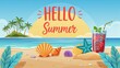 © Habiba Noor  Jannat - Hello Summer beach background with palm tree, seashell and tropical cocktail