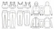 © Johanna - Detailed technical fashion flats of activewear apparel including sports bras, leggings, a hoodie and a jacket, illustrating athletic wear construction and garment design development