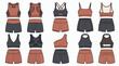 © Johanna - Vector collection of women's activewear technical flats, showcasing sports bras and shorts designs, illustrating athletic apparel development and providing templates for fashion design