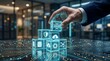 © Abu - Hand stacking AI and data blocks in glowing circuit board office