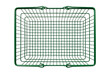 © Abode stock - Empty green wire shopping basket seen from top down perspective, metal grid structure for groceries, retail consumerism, and product transport, common supermarket.