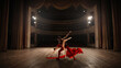 © master1305 - Ballet duet performing dramatic lift on empty theater stage. Concept of dramatic stage romance, theater poster design, dance event promotion, cultural performance advertising.