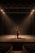 © master1305 - Distant ballet couple performing center stage in dark theater auditorium. Concept of premium theater campaign, dance festival poster, cultural program cover, live performance promotion.