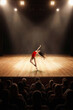 © master1305 - Solo ballerina arching back under spotlights on wooden theater stage. Concept of contemporary ballet solo, performing arts poster, dance school promotion, theater event branding.