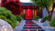 © CleanSpace Studio - Luxurious modern residence entrance with vibrant red double door and stylish pathway