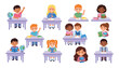 © Creative Studio  - Elementary school students classroom characters vector illustration set. Diverse children at desks, hand raised, books, globes and studying.