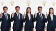 © Emily - Diverse business team standing in row pointing up at lightbulb icons, brainstorming session, creative ideas and innovation concept, corporate group strategy meeting, leadership