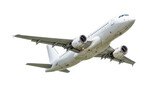 Isolated white passenger jet plane flying high, ascending aircraft, aviation travel and transport