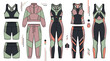 © Muaz - Comprehensive flat lay collection of modern women's activewear designs, featuring color-blocked sports bras, leggings, shorts, and jackets for stylish and functional athletic apparel development