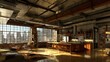 © musthofa - Spacious open concept interior living area features large windows overlooking a metropolitan skyline