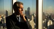 ©  S u n n y B u n n y - Mature businessman in suit looking out of high rise office window at city skyline, pensive corporate executive contemplating business strategy and future growth
