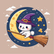 © dwi - Cute Witch Bunny Flying on Broomstick Under the Moon