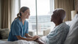 © valeo5 - Caring Female Nurse Smiling and Holding Hands of Senior Patient Lying in Hospital Bed Compassionate Medical Care and Empathy in Healthcare Facility Ward with Soft Natural Window Light