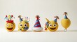 © Fariha - Five cheerful party emojis, yellow expressive emoticons celebrating with festive hats and confetti, fun birthday celebration symbols, joyful social media graphics.