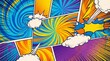 © Praphapan - Colorful comic book panel backgrounds with dynamic swirling patterns and action lines. Abstract visual elements like bursts, speech bubbles and explosions.