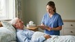 © OlgaNeuroArt - Home nurse taking notes on a clipboard while an elderly man rests in bed. Professional healthcare monitoring and palliative care. Geriatric nursing check-up at home