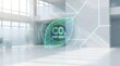© 3AN - Abstract concept of net zero carbon emissions showing glowing green digital leaf with circuit lines and co2 text in modern office lobby