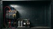 © Wisnu - Industrial electrical distribution panel with circuit breakers and capacitors inside a black metallic enclosure box for power control