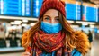 © TOTO - Young Traveler Wearing Face Mask in Busy Airport Terminal During Winter Season with Colorful Accessories