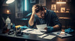 © Choirul - Stressed male artist reviewing documents at his desk.