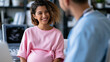 © Nataliya - Anonymous pregnant woman smiling during an ultrasound session with a doctor in a medical office, positive prenatal care experience concept, faceless, defocused, with copy space