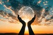 © twilight mist - Global Connectivity Concept with Hands Holding a Glowing Digital Sphere of People Network at Sunset