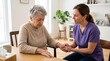 © INSPIRIA.K - Woman nurse holding hand of sad senior woman. Caregiver comforting elderly patient with memory loss. Mental health support, dementia treatment and professional home healthcare assistance.