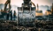 © Ocang - Close-up of excavator bucket in dirt, with construction machinery in background