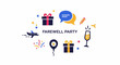© sesii - Festive graphic with plane, gifts, champagne, and confetti for a farewell party
