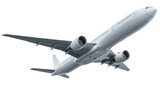 Isolated modern large commercial jet airplane flying in ascending position, underside view