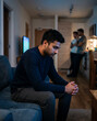 © MI Sumon - Sad Man Sitting On Couch, Feeling Lonely, Depression, Anxiety, Unhappy, Relationship Problems, With Copy Space, Lifestyle, Home Interior
