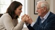 © soleh - Young woman & elderly man look at each other, holding hands, in a well-lit room