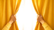 © min najmin - Person pulling back bright yellow curtains to reveal morning light