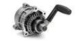 © Shakib - Close up view of complex gear mechanism with crank handle on white background.