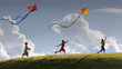 © tati_vision - Children running and flying kites on grassy hill under blue sky