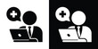 © bibin - Online doctor consulting on laptop icon. Male physician with cross speech bubble. Telehealth and remote medical advisor symbol set.