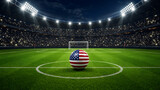 A soccer ball featuring the United States flag design sits in the center of a lush green grass pitch inside a large, illuminated stadium at night.