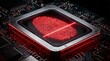 © trash - A fingerprint scan glows red on a computer circuit board with a laser line.