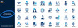 © aura studio - Business teamwork and corporate office icon set. Handshake, meeting, partnership, employment, training, computer workplace, collaboration, leadership. Editable icons collection. Vector.