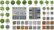 © Emongrapic - Vector landscape design planning icons with trees parking lot cars stone floor textures and foliage icons.