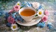 © Karina - aromatic tea in delicate porcelain cup surrounded by a bountiful bouquet of pastel roses daisies and forget me nots resting on an elegant lace doily