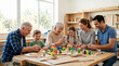 © Xenia - Multi-generational family building a toy village in a workshop. Grandparents, parents, and children crafting together. Teamwork and creativity concept