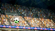 © DC Studio - 3D illustration of football ball moving across pitch inside stadium during sunny day, close up of computer graphics soccer ball lit by sun rays while crossing sports venue playground field.