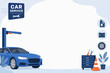 © Yonanda - Car service maintenance center vector background with blue vehicle and mechanical tools copy space