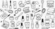 © roro - Hand-drawn doodle collection of beauty products, makeup, and cosmetic items, featuring skincare, brushes, and accessories in a simple line art style.
