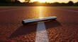 © MakarimZaydan - Close up de um bastão de revezamento na pista com o conceito de reflexo do sol em uma competição.