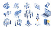 © Widya - A collection of blue isometric icons illustrating modern business concepts like cloud computing, data analytics, teamwork, and digital security.