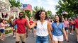 © velikiyzayats - Diverse group of happy young adults walking in a patriotic neighborhood parade holding American flags celebrating independence day with joy and community spirit