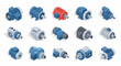 © Dan - Collection of isometric electric motors and industrial machinery components isolated on white background.